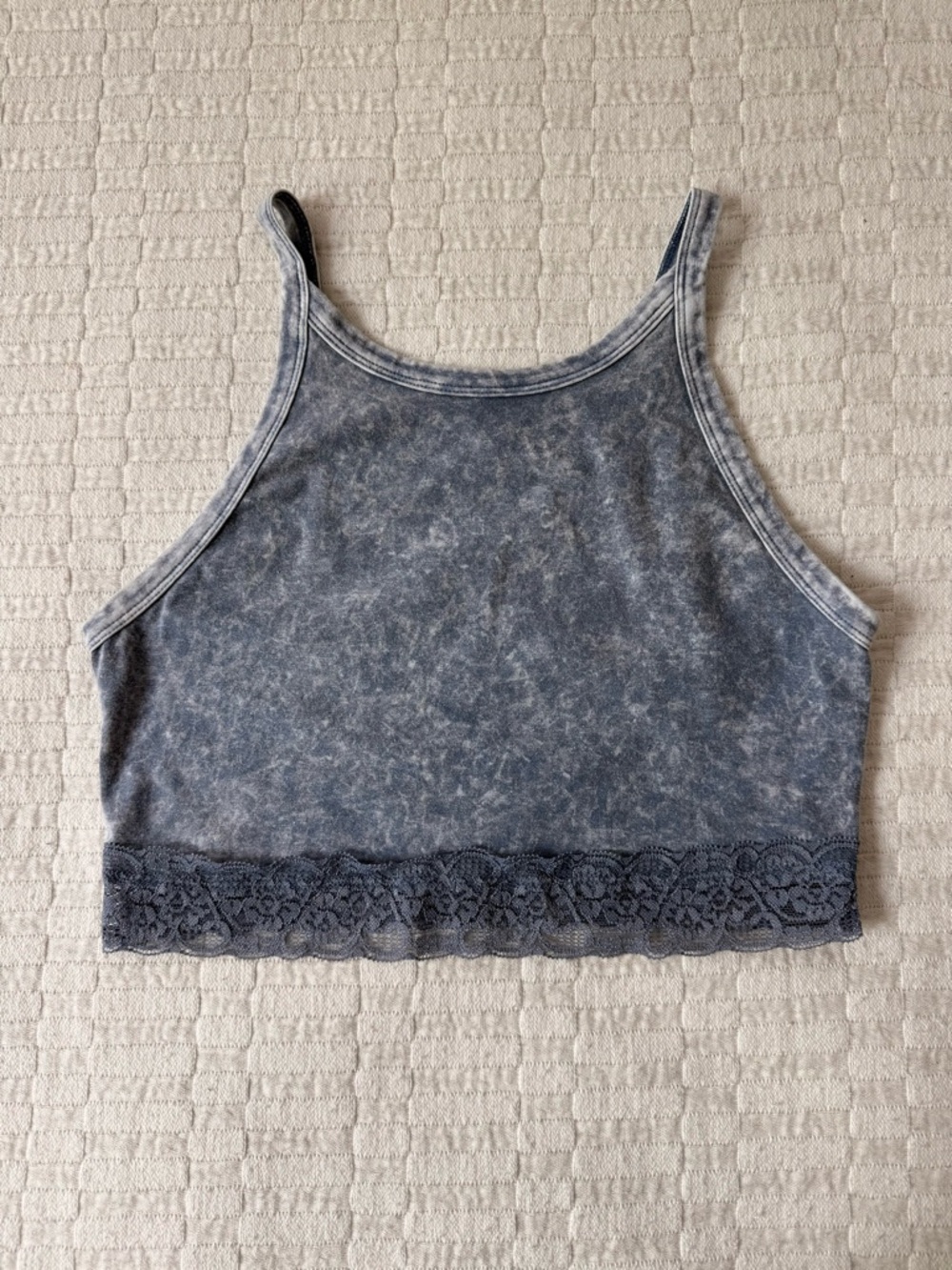 Washed Blue Lace-Hem Cropped Tank Top - Women